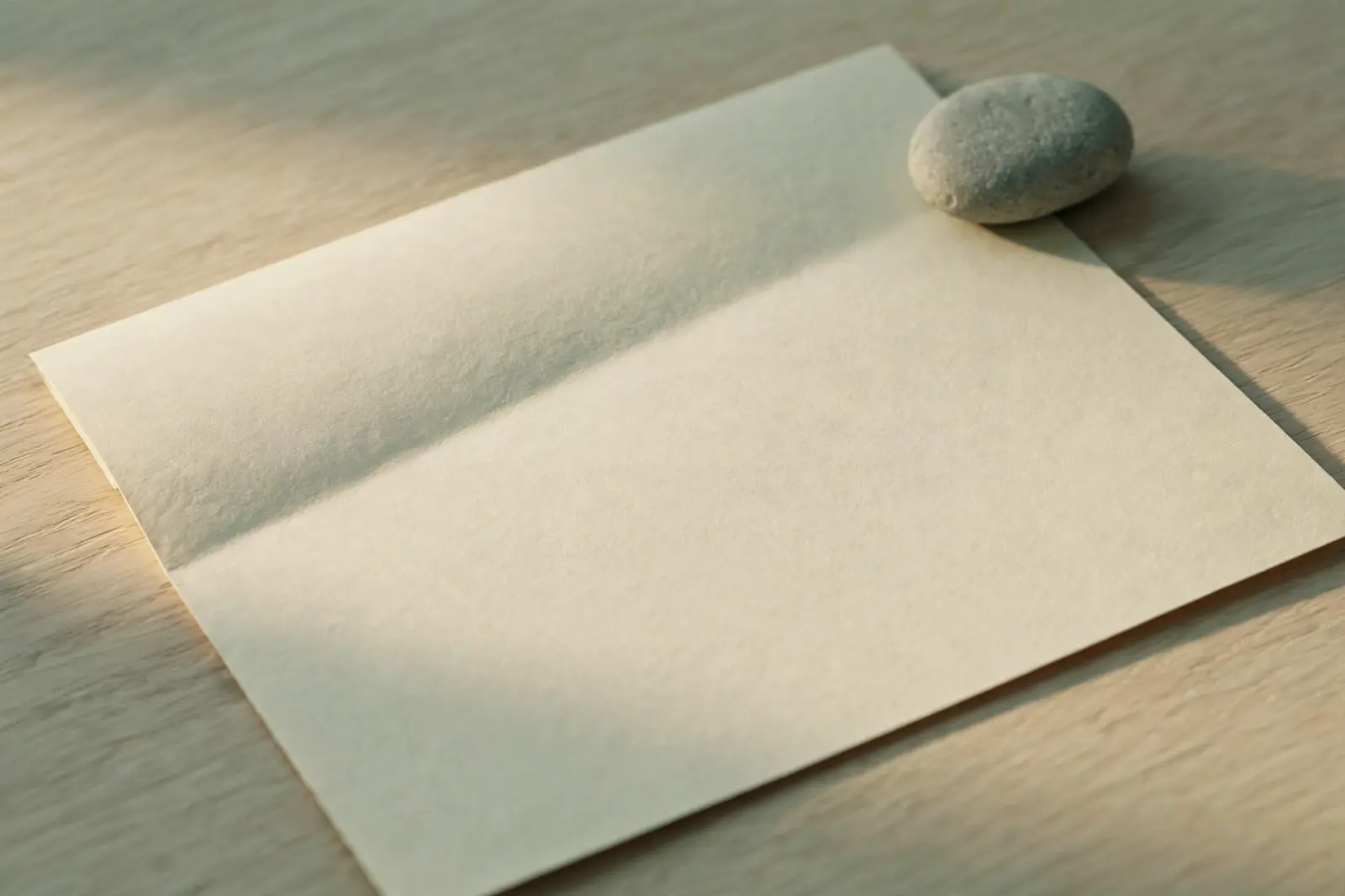 A single sheet of cream paper with one soft crease, smoothed flat on pale oak wood and held by a smooth grey pebble