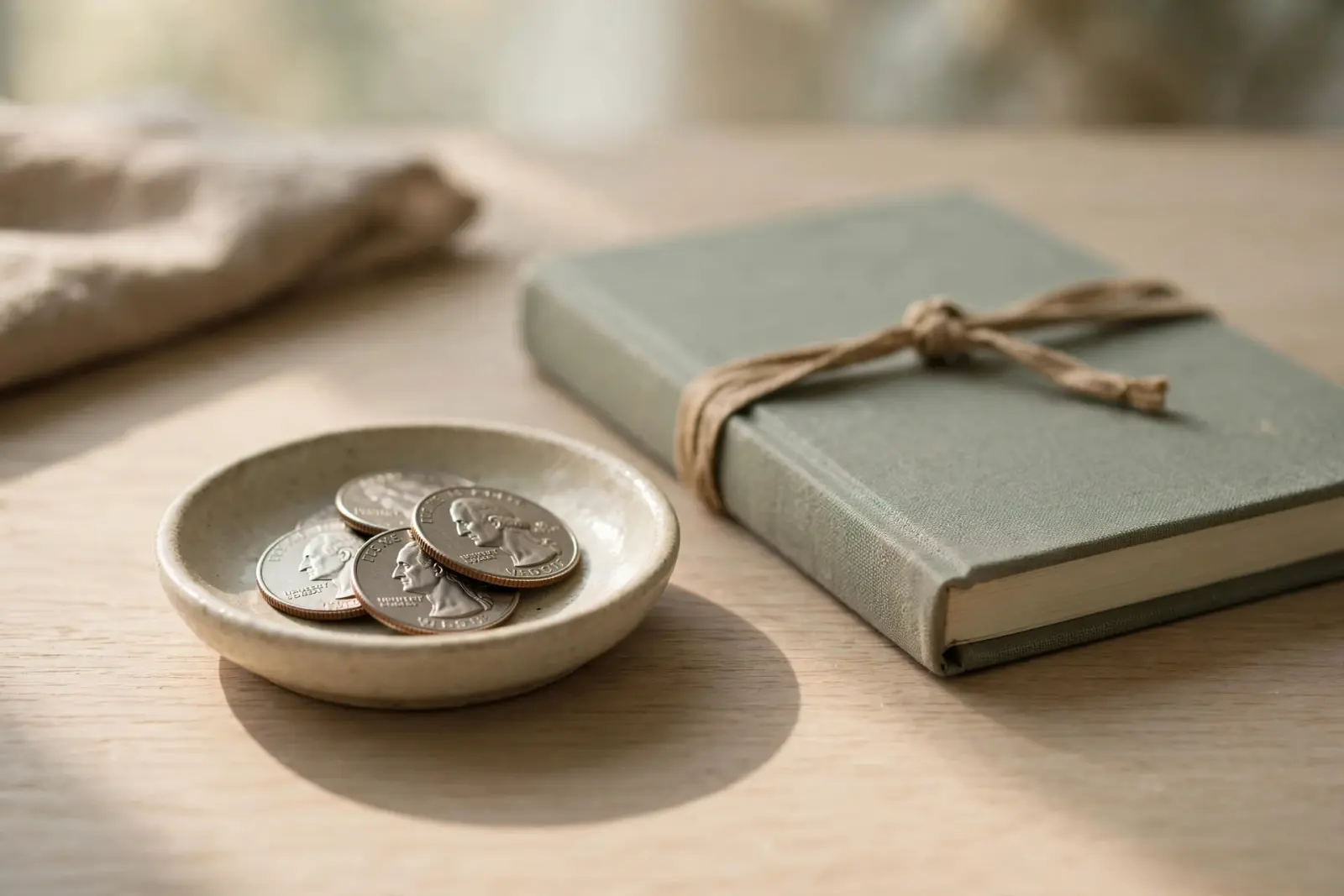 A small ceramic dish holding a few American quarter coins beside a closed blank ledger on pale oak wood
