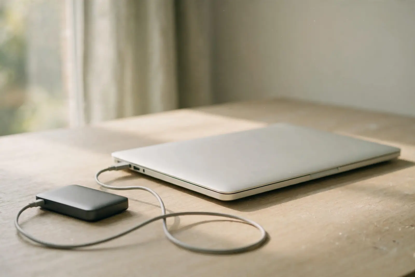 An external drive connected to a silver laptop by a loosely looping USB cable on a pale oak desk in morning light