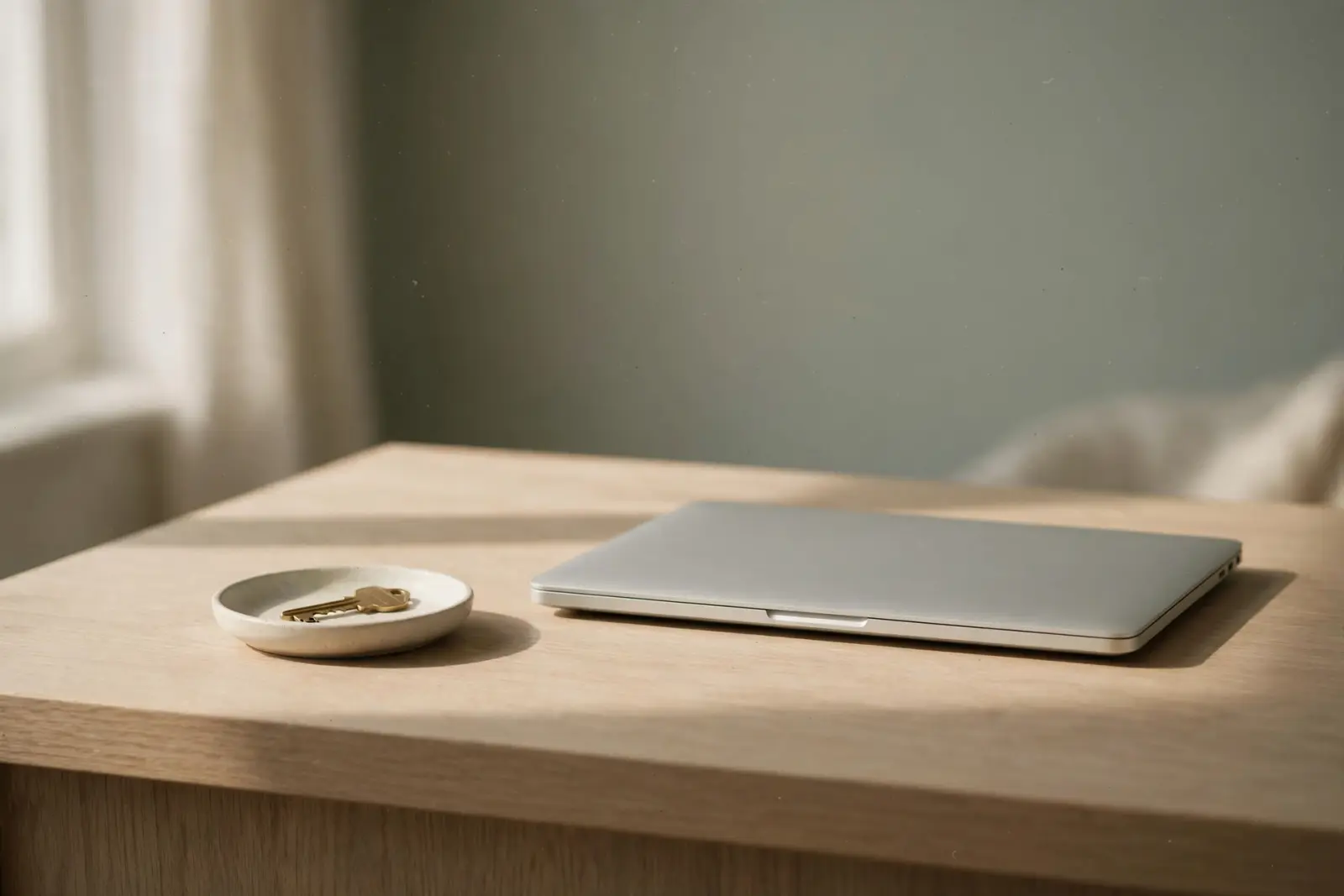 A small ceramic dish holding a single brass key beside a closed silver laptop on a pale oak counter