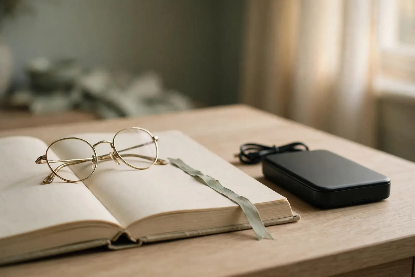Reading glasses resting on an open blank paper ledger beside a closed portable hard drive on a pale oak desk