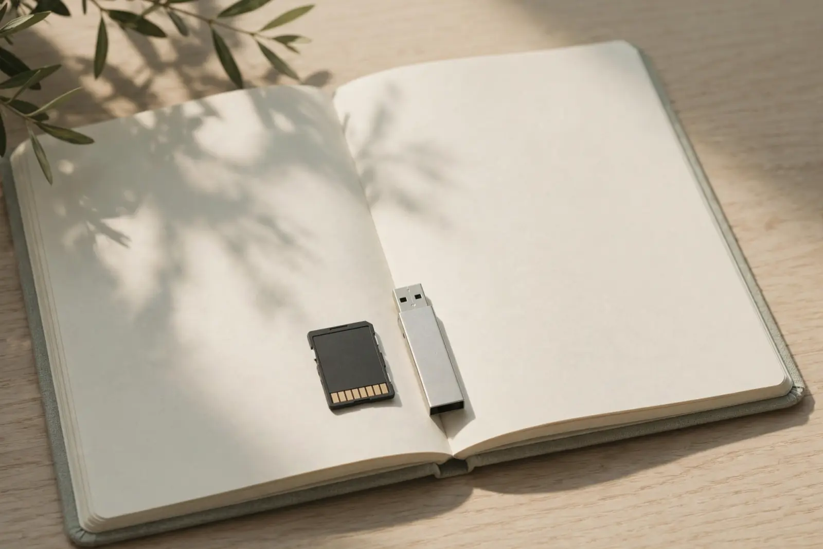 A small SD memory card and a slim USB memory stick side by side on an open blank paper notebook on pale oak wood