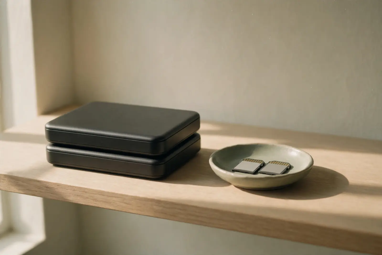 Two closed portable hard drives stacked neatly on a pale oak shelf beside a small open ceramic dish holding SD memory cards