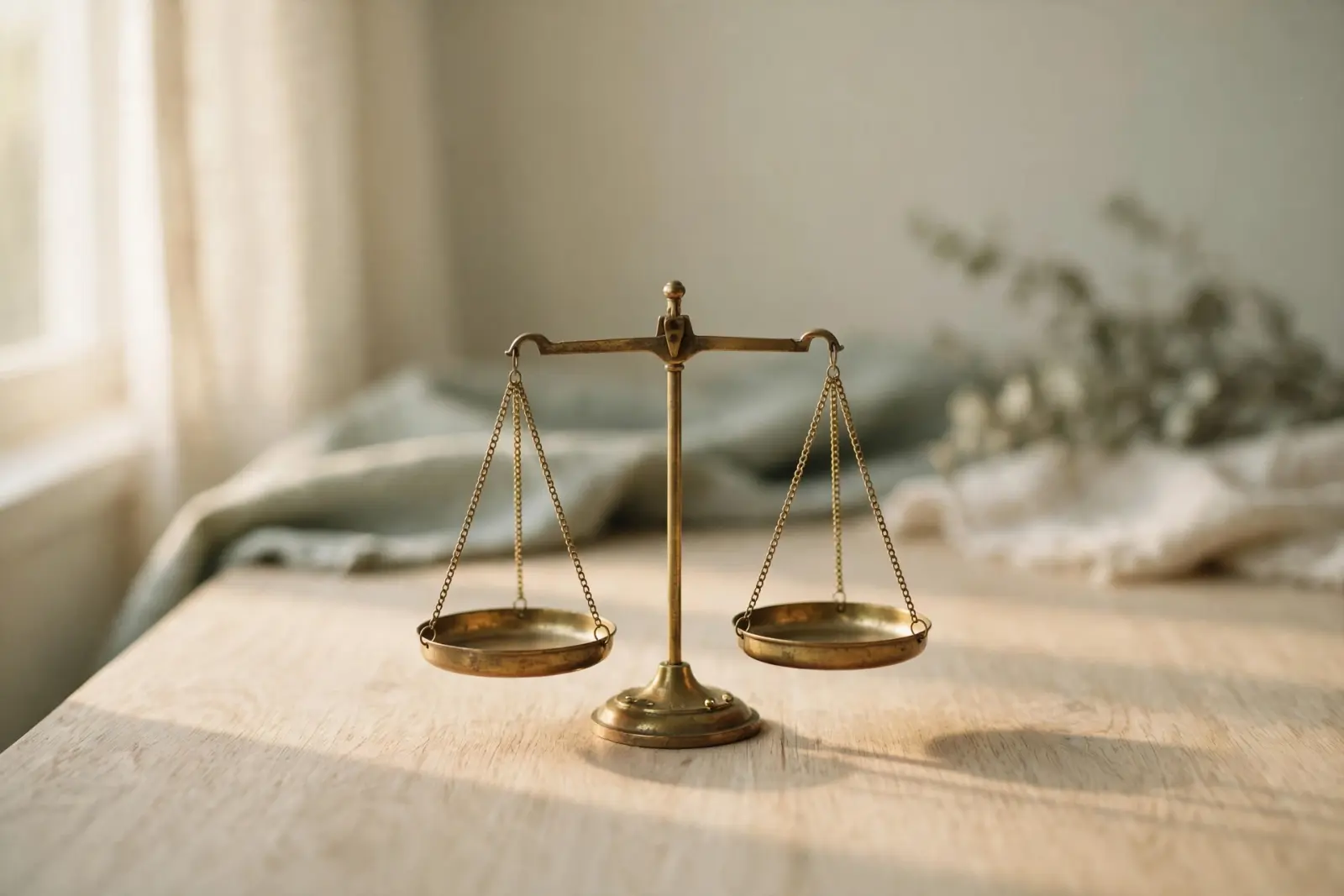 A small vintage brass balance scale with two empty pans resting level on pale oak wood