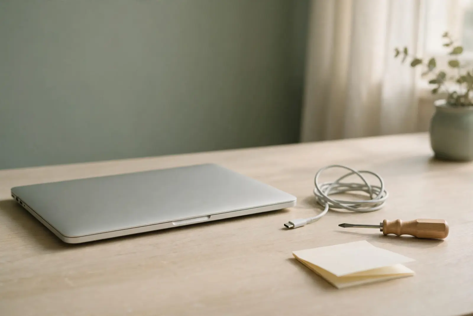 A closed silver laptop with its charging cable unplugged beside it, with a small screwdriver and a folded paper note nearby