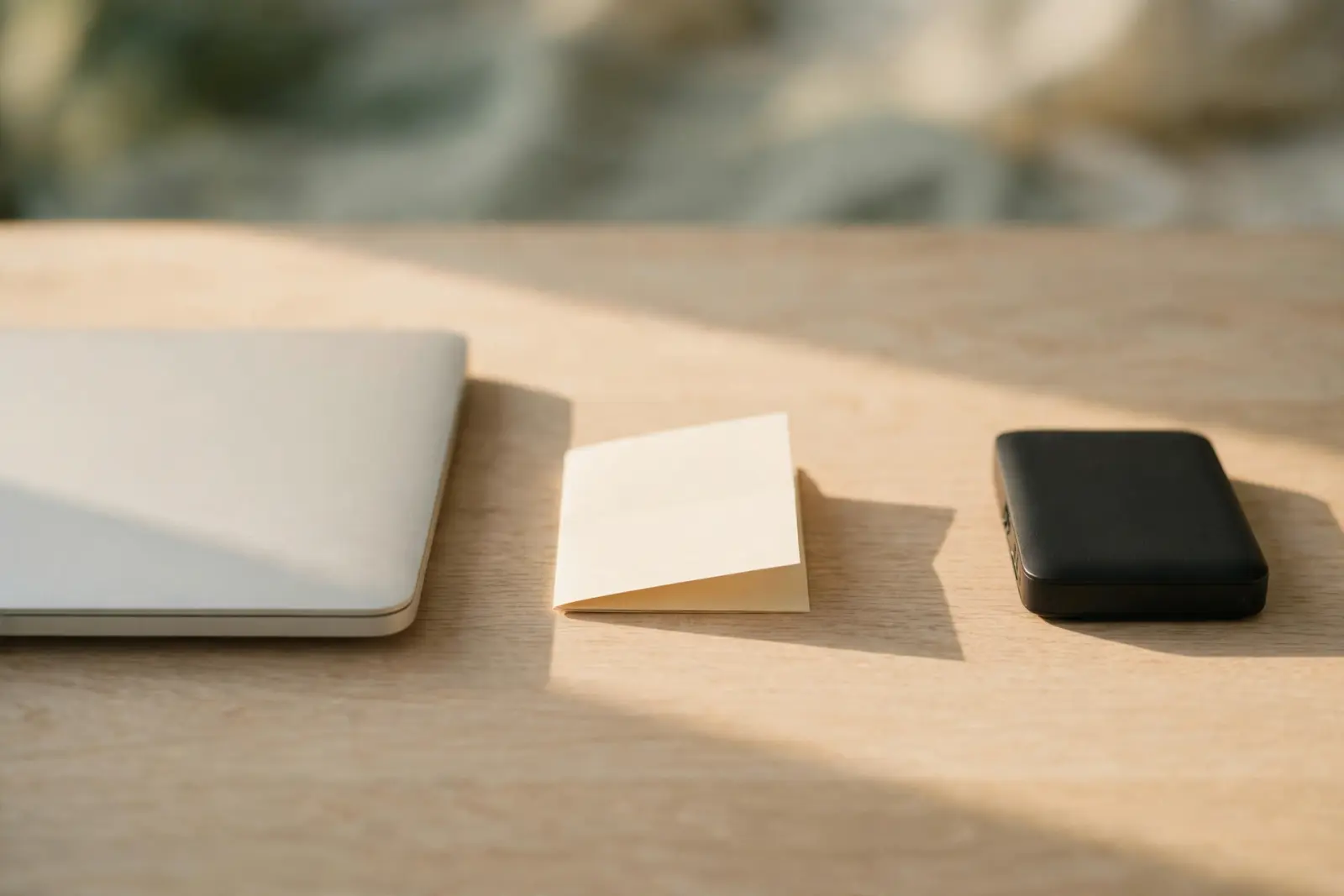 A closed silver laptop and a portable hard drive facing each other across a folded blank paper note on pale oak wood