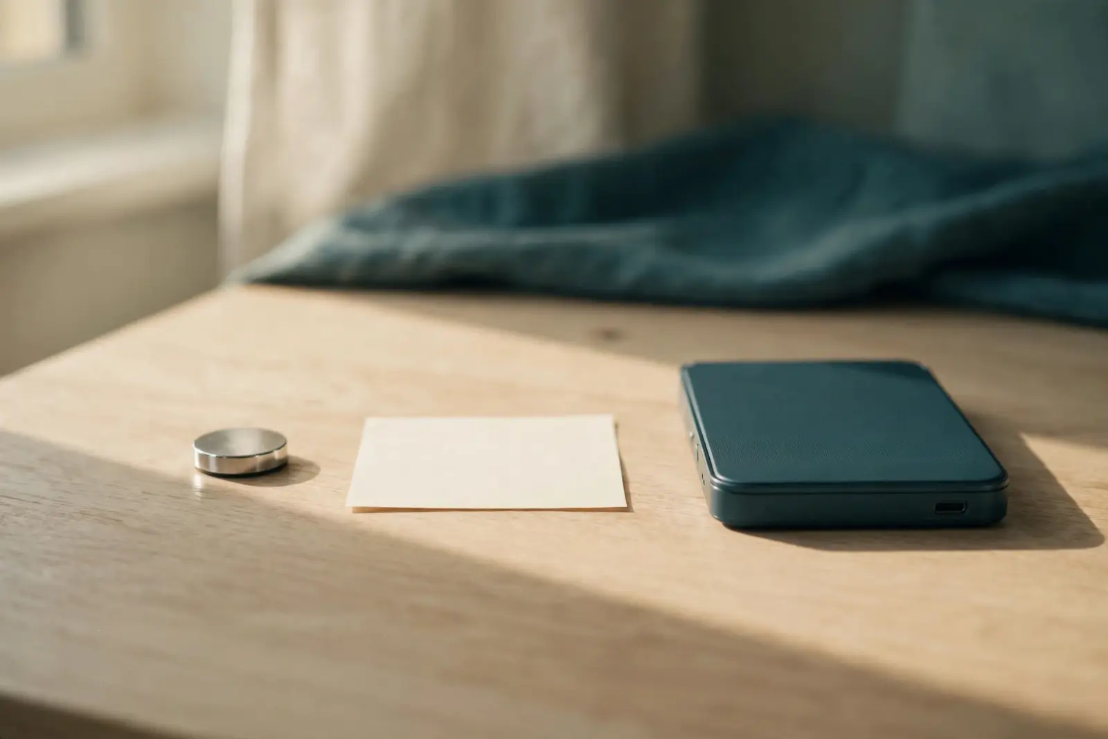 A small round chrome magnet and a blank paper note resting at a respectful distance from a closed portable drive on pale oak