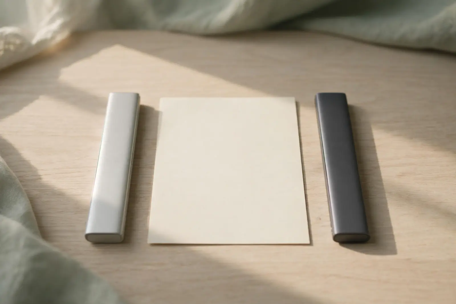 Two slim portable drives, one silver and one dark grey, side by side on pale oak wood with a blank sheet of paper between them