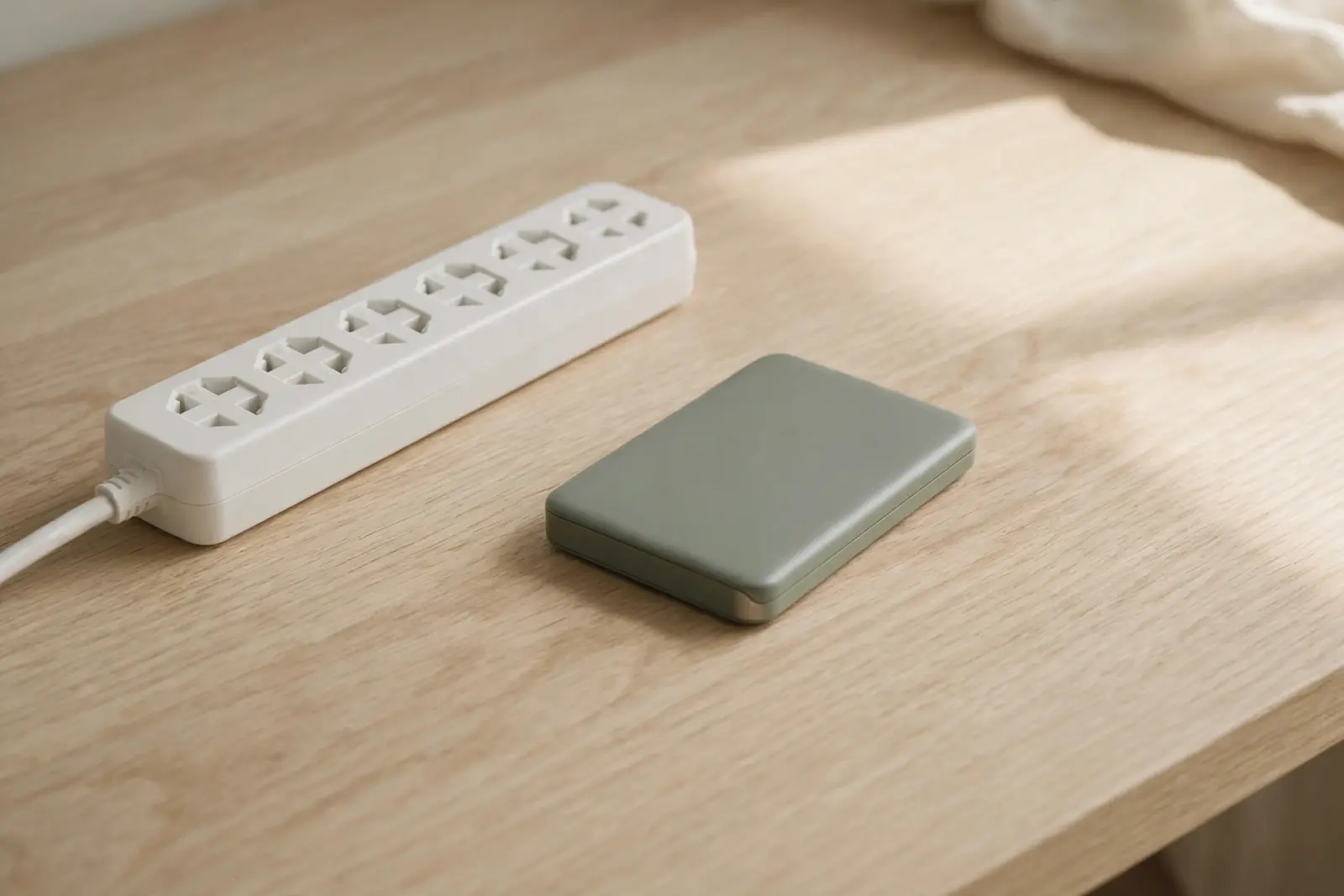 A plain white power strip lying on pale oak wood with a closed portable hard drive resting a clear hand-width away