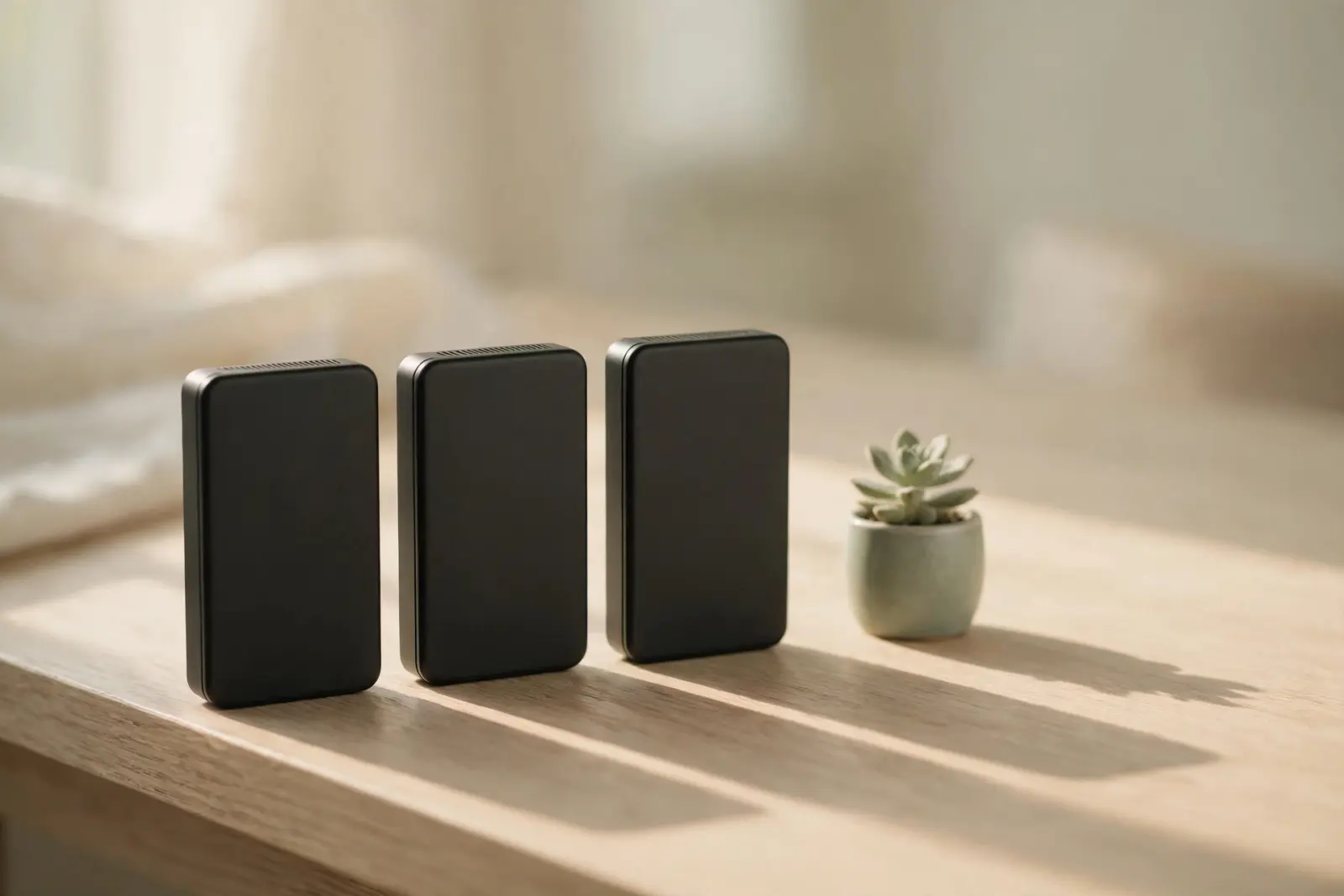 Three small closed hard drives standing in a neat row beside a tiny green plant on pale oak wood, long morning shadows