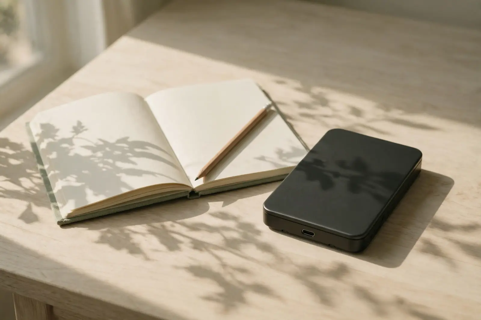 A closed portable hard drive beside an open blank notebook with a pencil laid across it on a pale oak desk