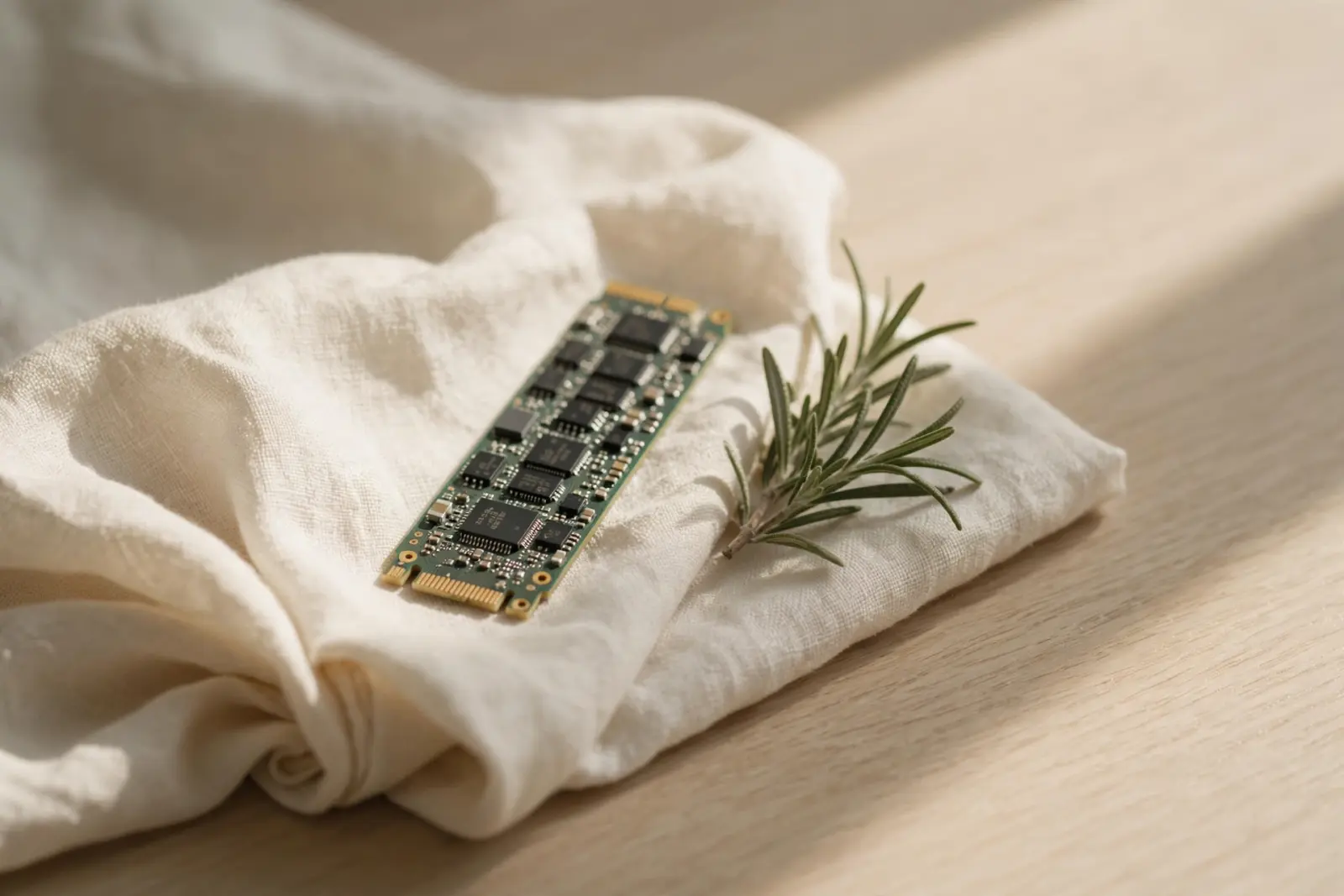A slim bare solid state drive resting on folded cream linen beside a small sprig of rosemary on pale oak wood