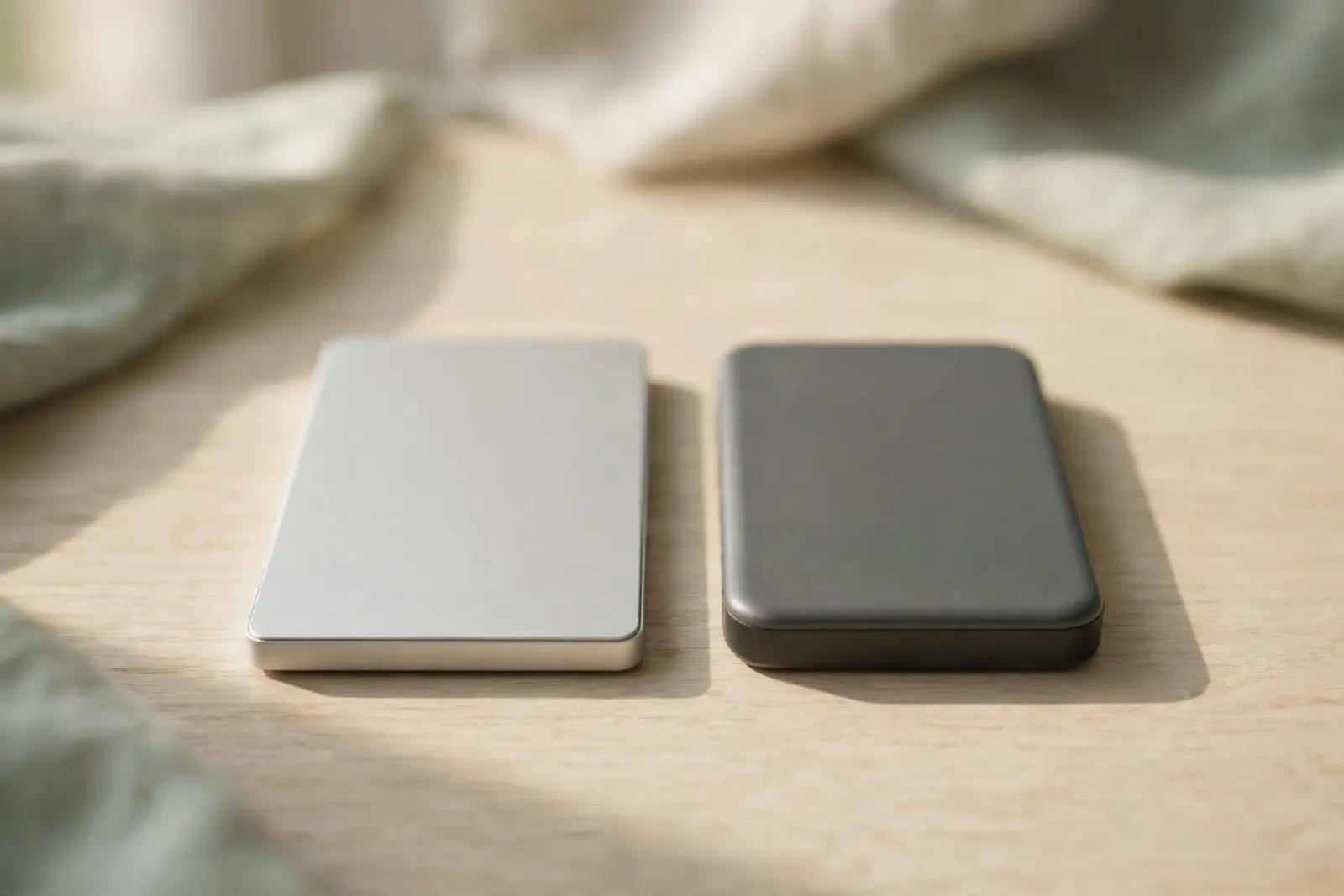 A slim solid state drive and a closed portable hard drive lying side by side on pale oak wood, one soft shadow between them