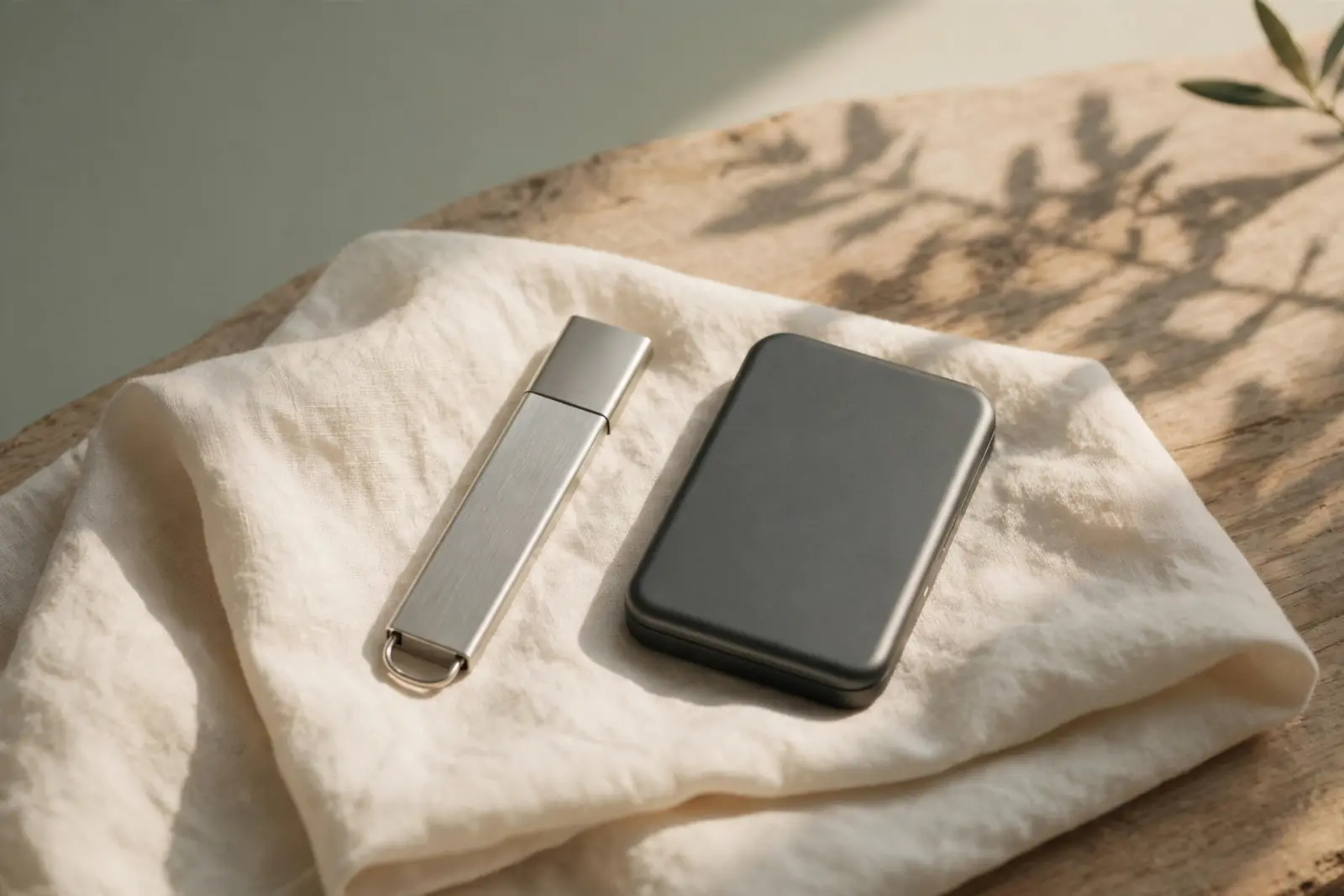 A slim metal USB memory stick and a small closed portable hard drive lying side by side on folded cream linen