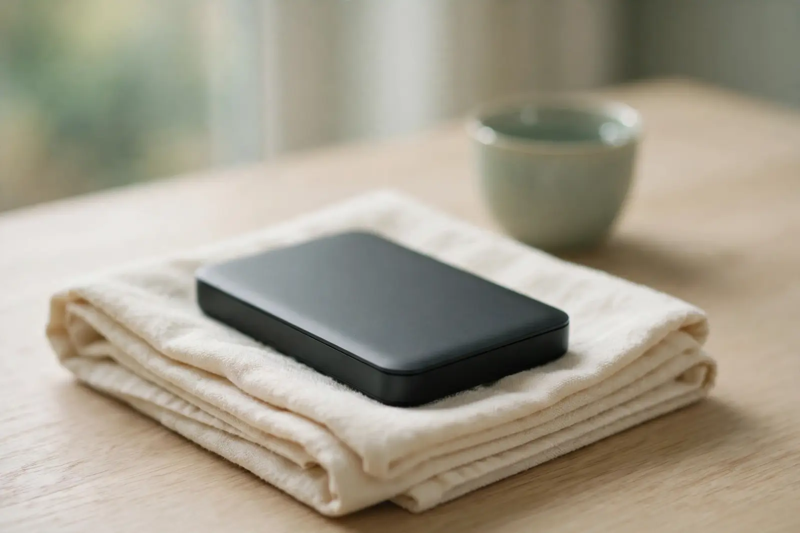A closed portable hard drive resting on a neatly folded cream cotton towel on pale oak wood