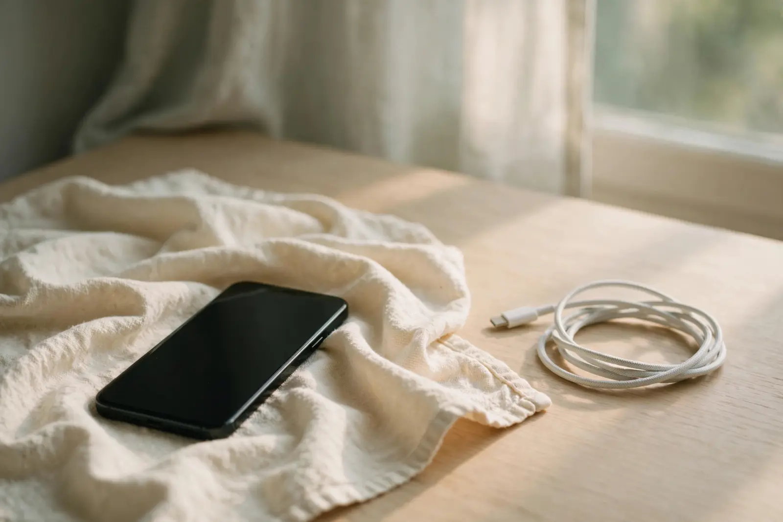 A smartphone lying on a dry cream cotton towel on pale oak wood, a charging cable resting clearly apart from it
