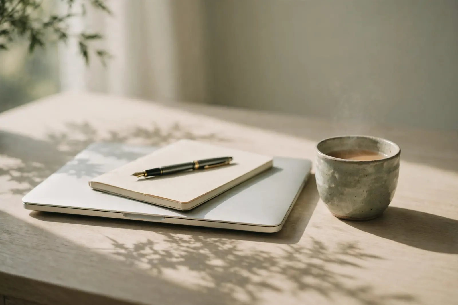 A closed laptop with a blank notebook and fountain pen resting on top, beside a ceramic cup of tea on a pale oak desk