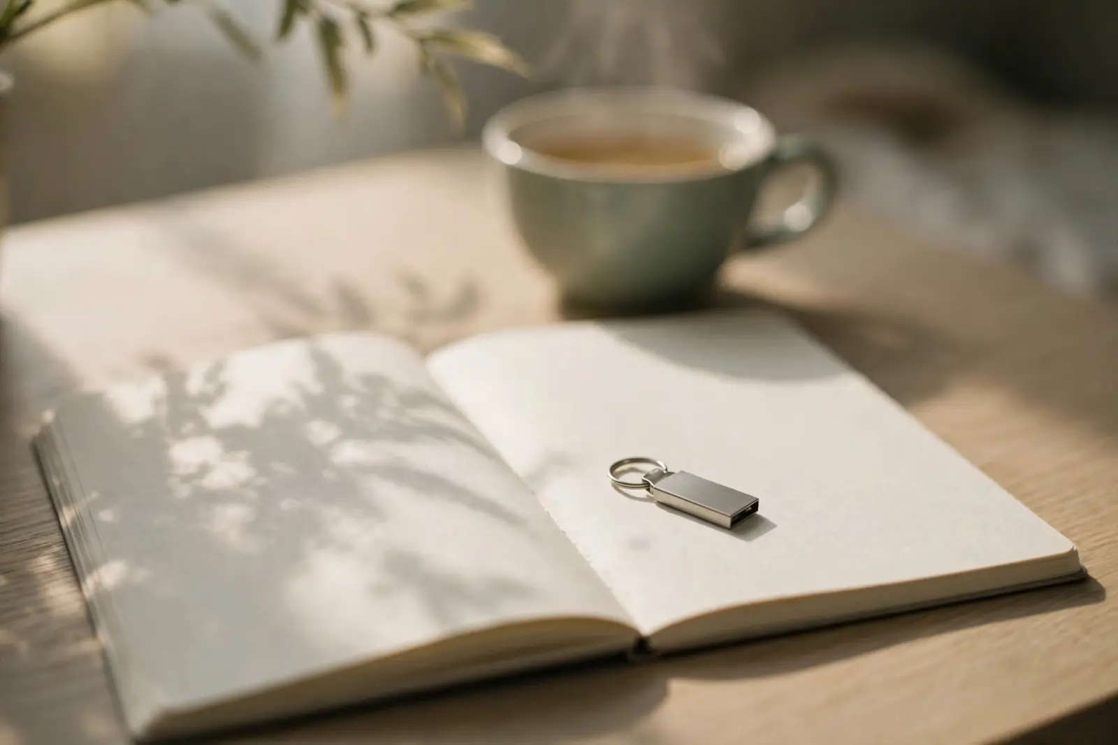 A small metal USB memory stick resting on an open blank notebook on pale oak wood, with a ceramic cup out of focus behind