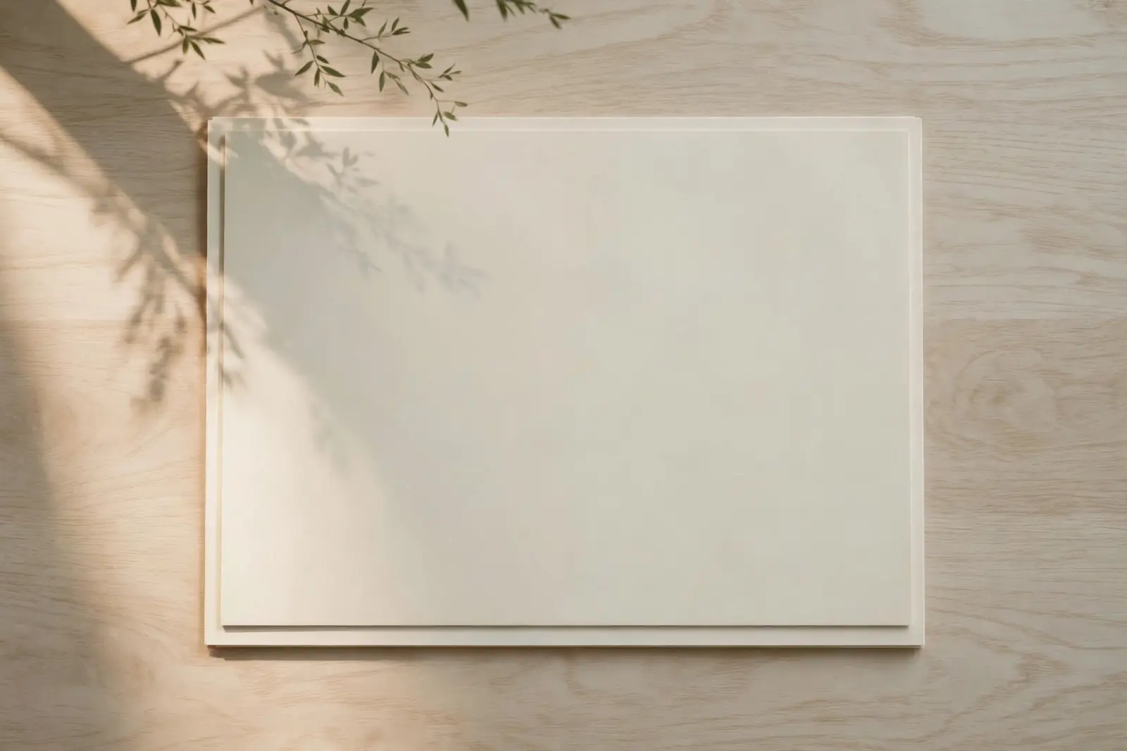 A blank paper page lying exactly on top of a second identical page, edges aligned, on pale oak wood in morning light