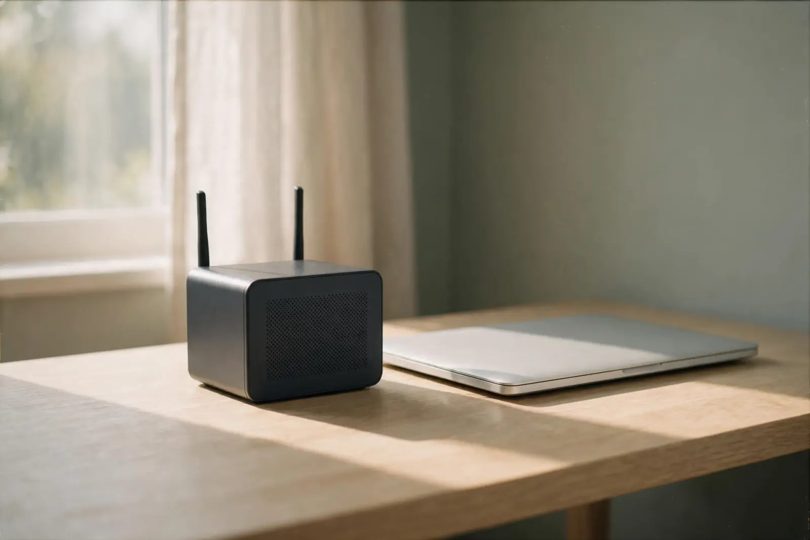 A small closed network storage box with two neat antenna lines standing beside a silver laptop on a pale oak shelf