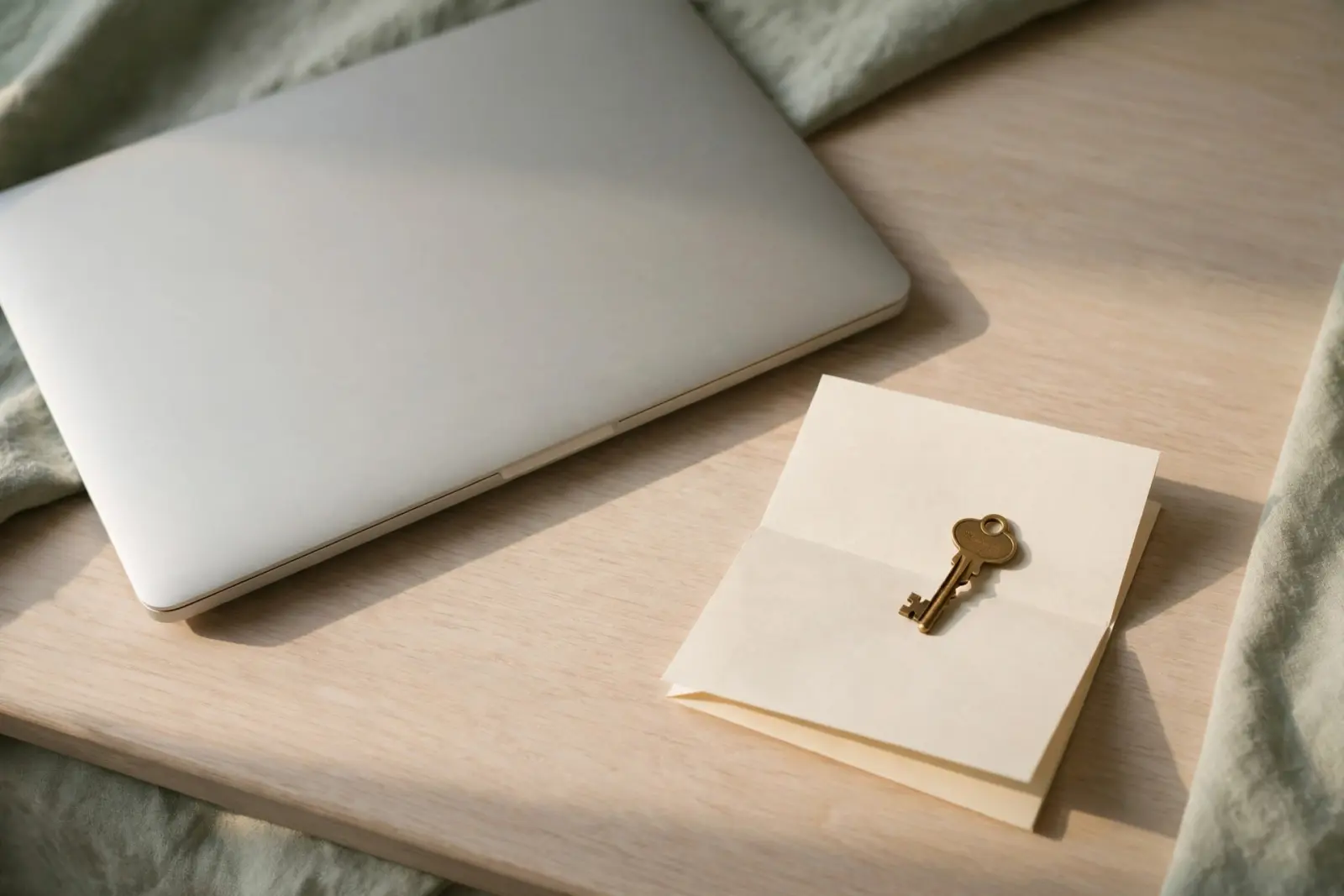 A closed silver laptop with a small brass key resting on a folded paper note beside it on pale oak wood