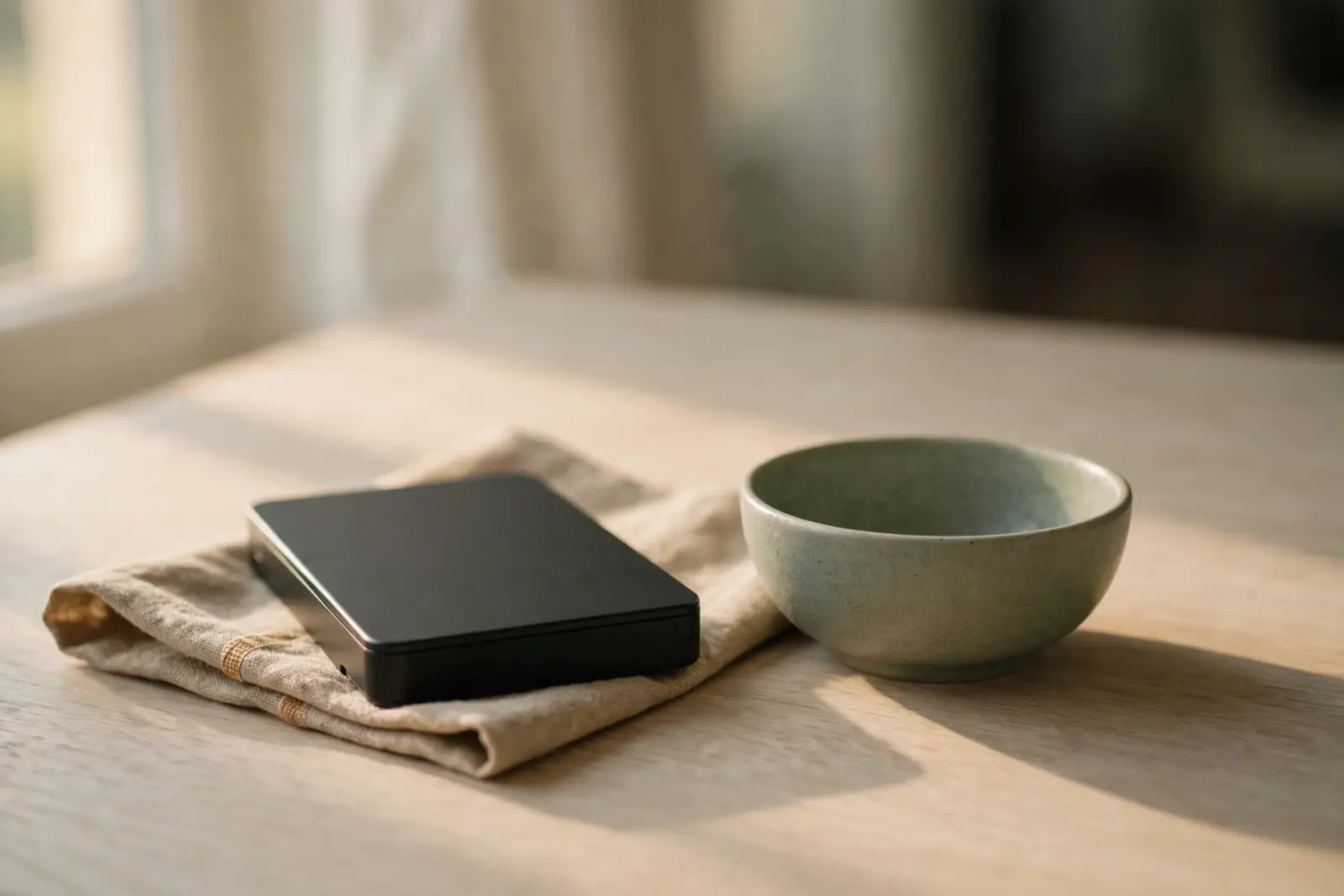 A closed portable hard drive resting beside a small empty ceramic bowl on pale oak wood in warm morning light