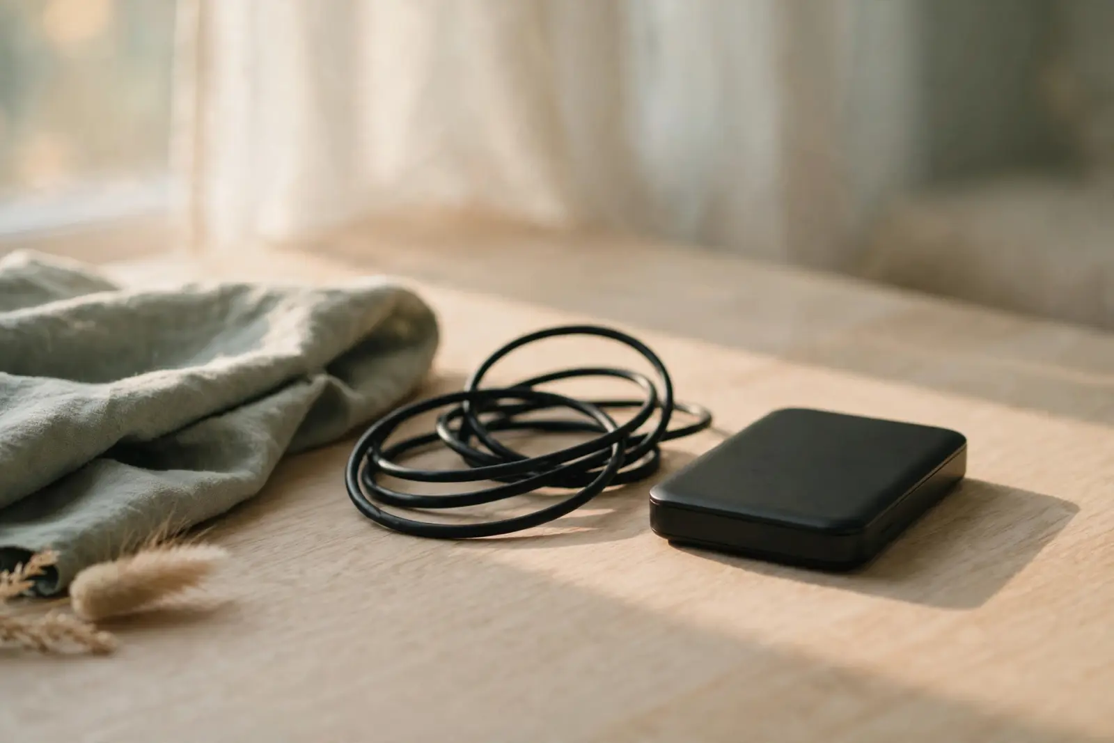 A small closed portable hard drive resting beside a loosely coiled black USB cable on pale oak wood