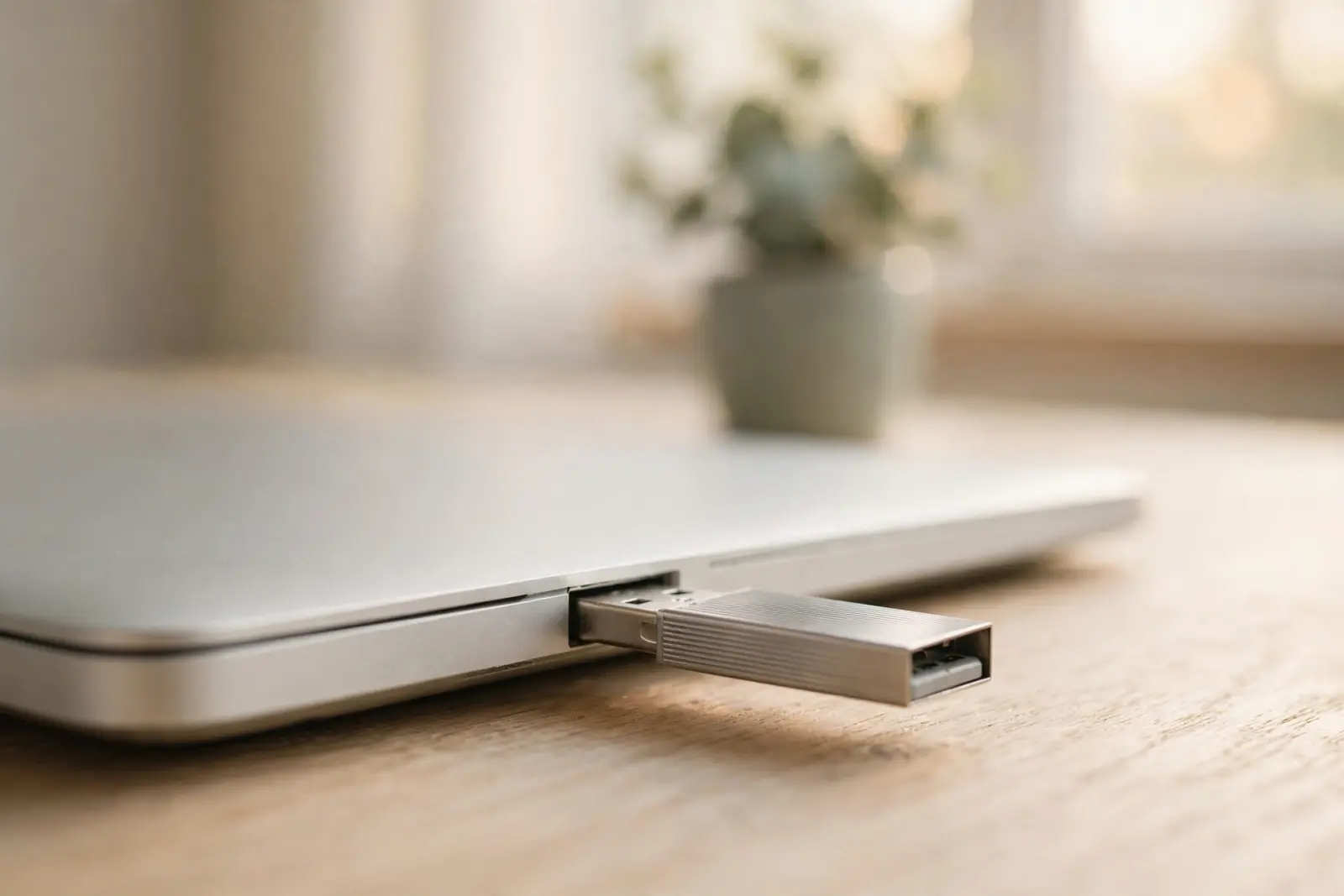 A USB memory stick half-way into a laptop port, a thin trickle of sand grains on cream paper beside it on pale oak wood