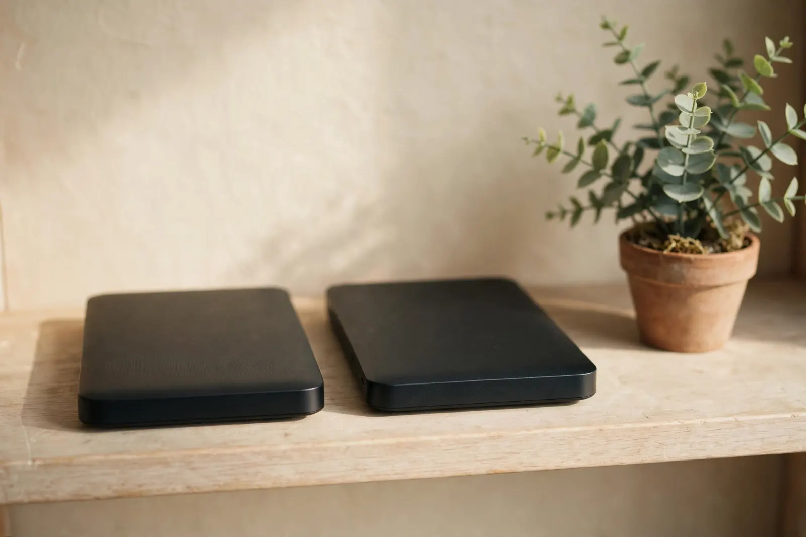 Two matching external backup drives side by side on a pale oak shelf beside a small potted plant