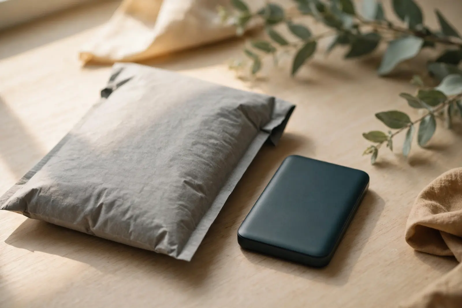 A padded shipping envelope and a closed portable drive side by side on pale oak, ready to post