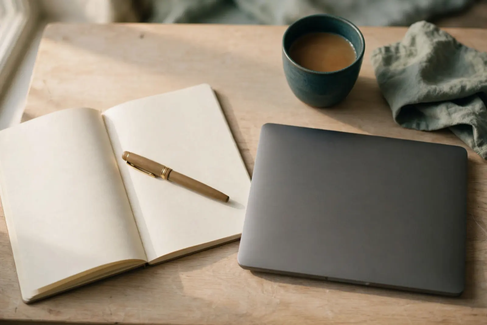 A closed laptop beside an open notebook and pen on a pale oak desk, with a ceramic cup of tea in morning light