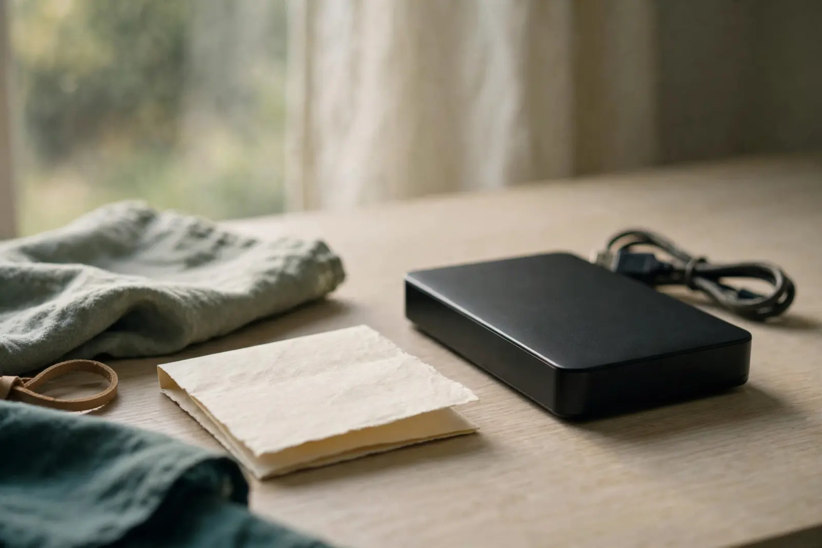 A closed external hard drive beside a folded paper note on a pale oak desk in morning window light