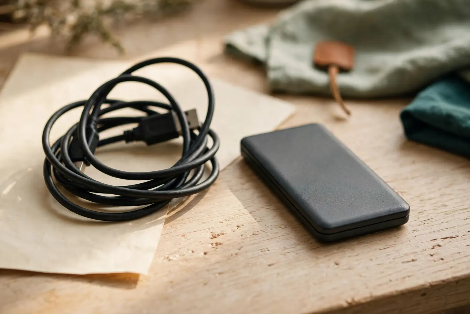 A coiled USB cable and a closed portable drive sitting unplugged on a pale oak desk