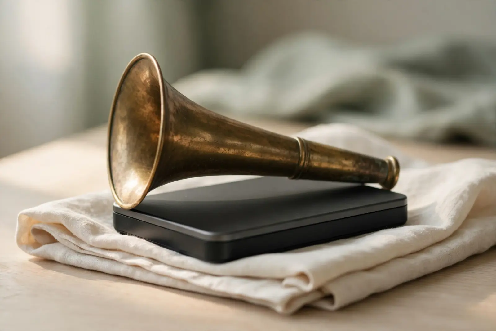 A stethoscope-style listening horn resting on a closed portable hard drive on folded cream linen on pale oak wood