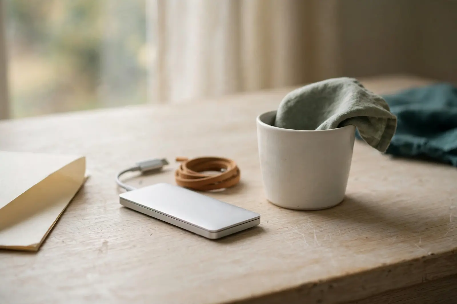 A slim silver external drive on a pale oak desk beside a white ceramic cup in soft window light