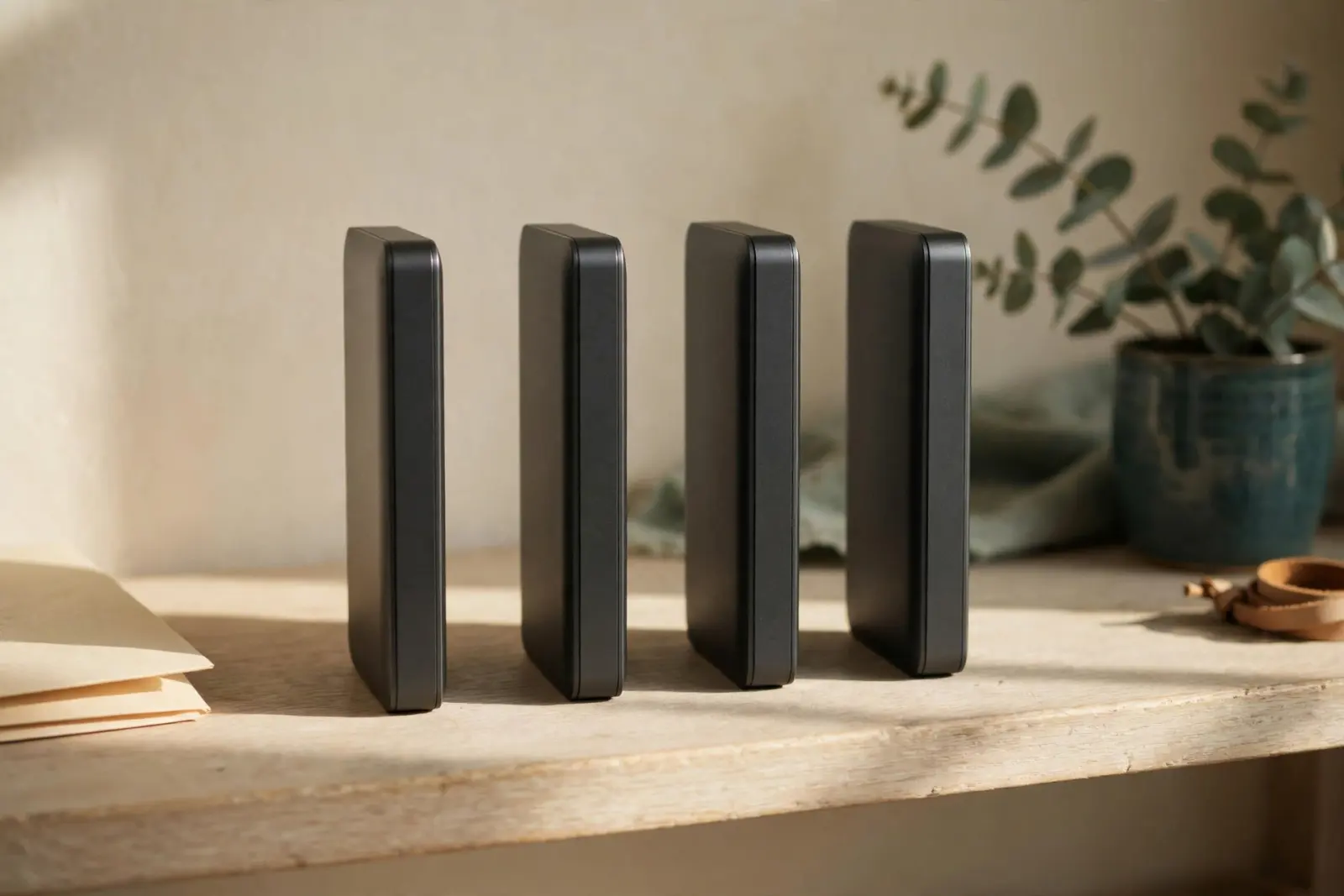 Four identical external drives standing in a neat row on a pale oak shelf with long morning shadows