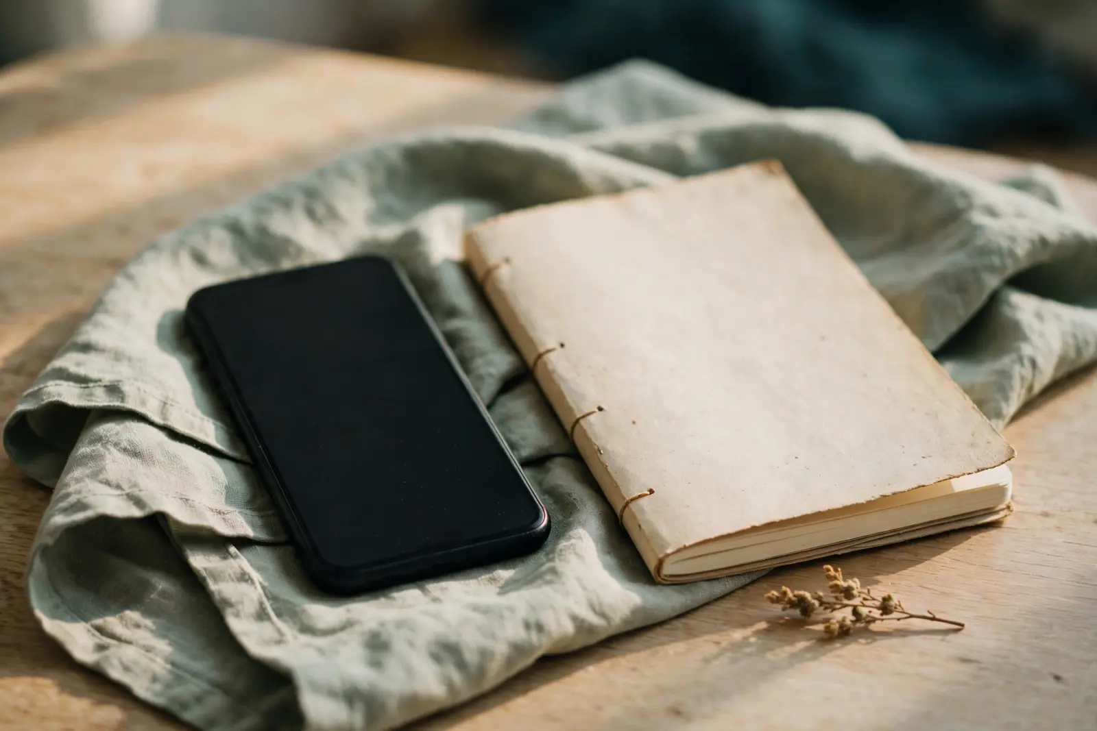 A smartphone lying face down on folded linen beside a paper notebook in quiet morning light