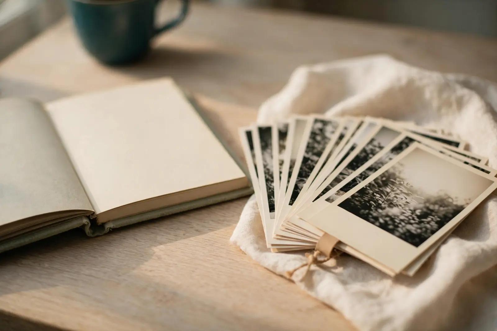 A small stack of printed photographs fanned loosely on pale cream linen beside an open blank photo album on pale oak wood