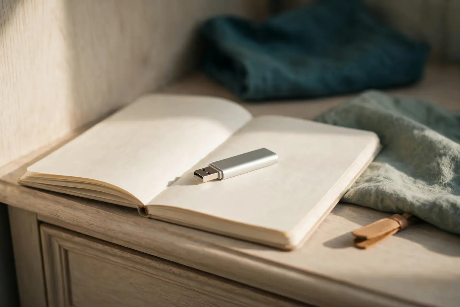 A USB stick resting on a paper notebook on pale oak drawers in quiet morning light