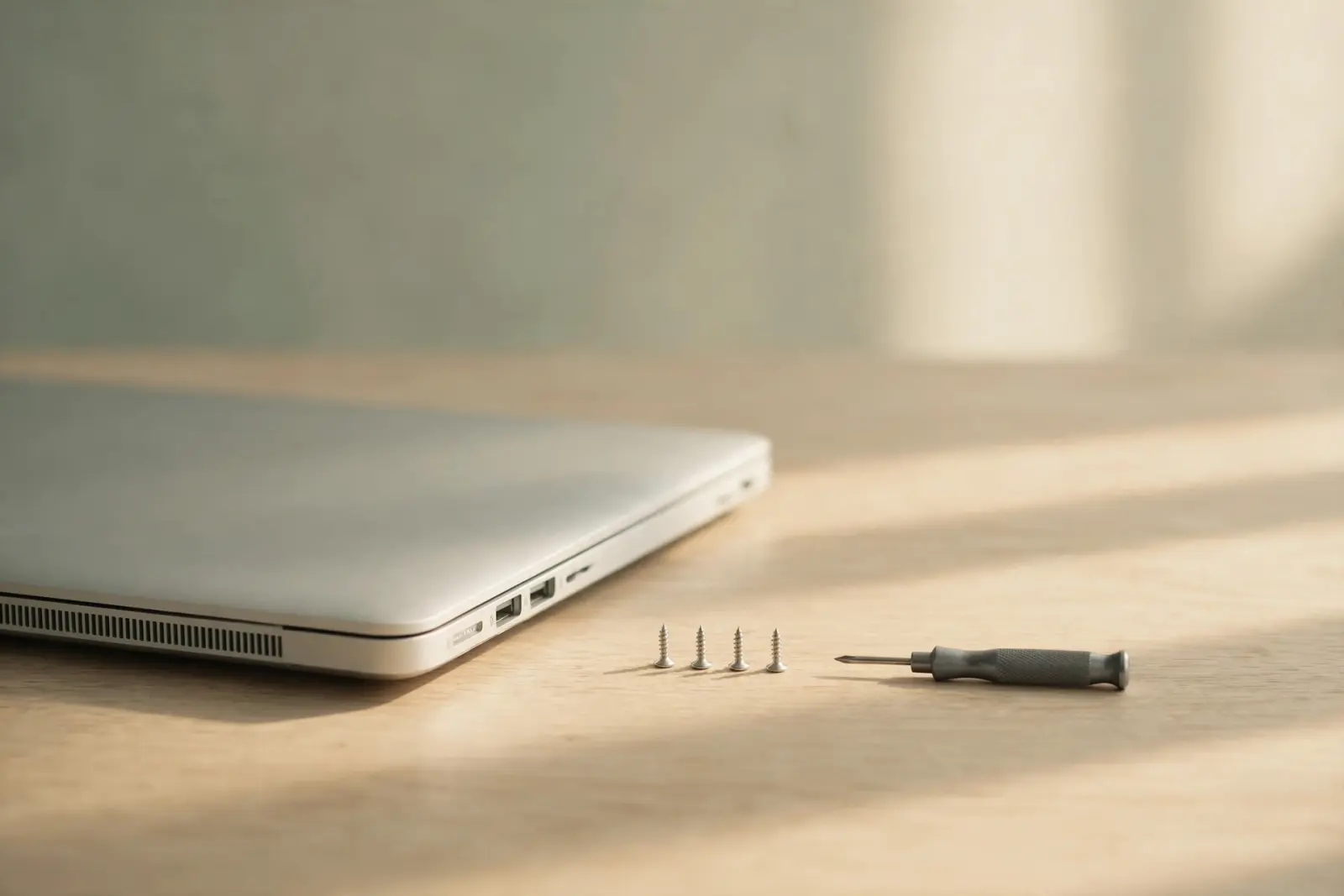 An open laptop lying back-to-front on a pale oak desk with its side panel screws and a small screwdriver arranged neatly nearby