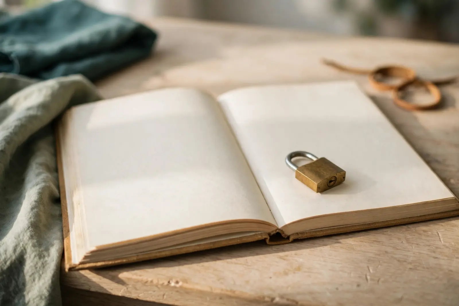 A small brass padlock resting on an open blank paper ledger on a pale oak desk