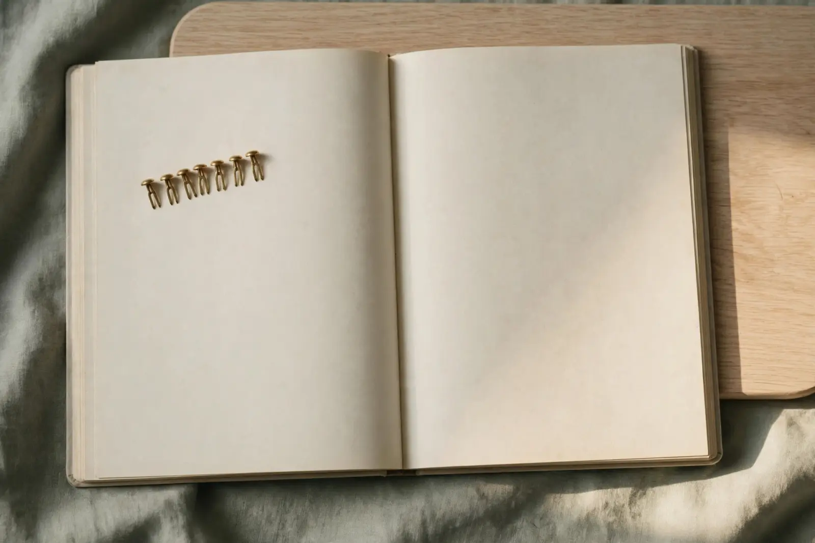 An open blank paper ledger with an arrow of small brass paper fasteners pointing back across earlier pages, on pale oak wood