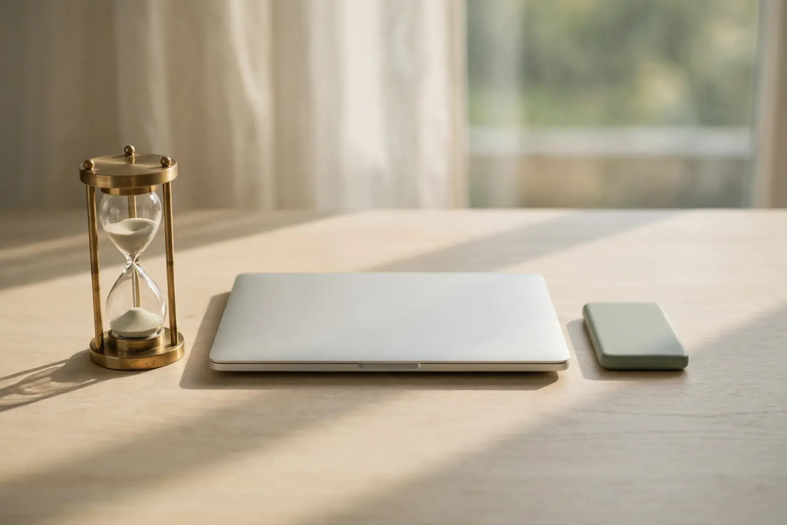 A small brass hourglass beside a closed silver laptop and a portable backup drive on a pale oak desk in morning light