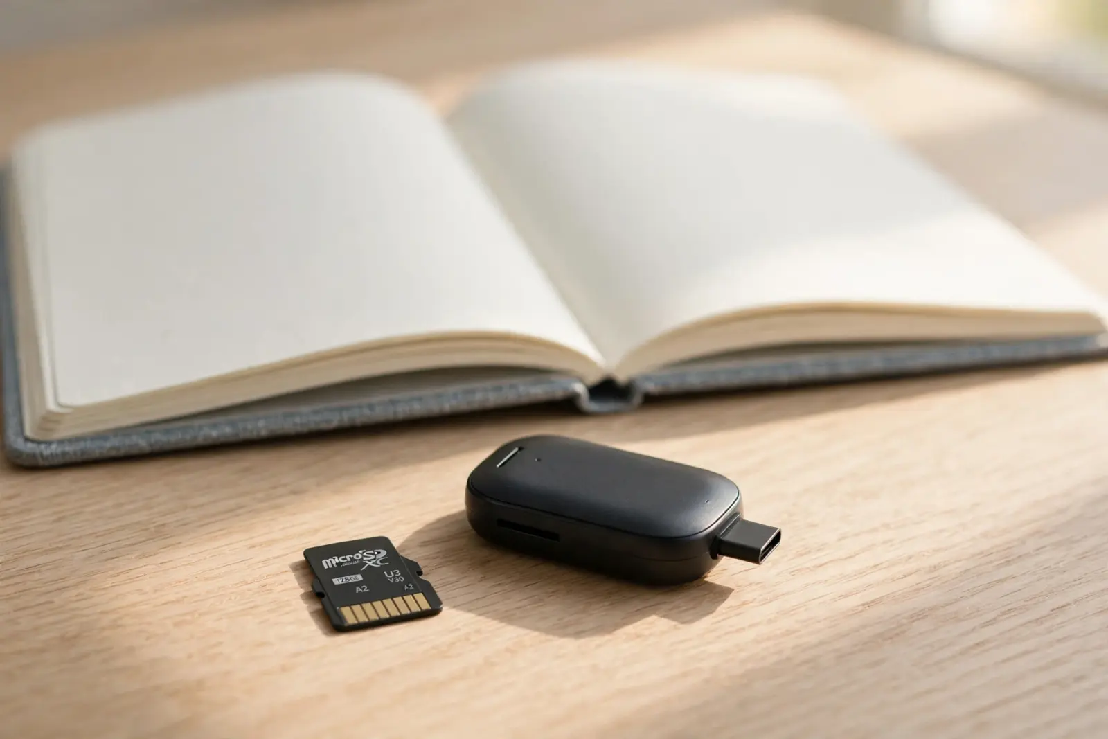 A small memory card resting beside a compact card reader on pale oak wood, an open blank notebook behind