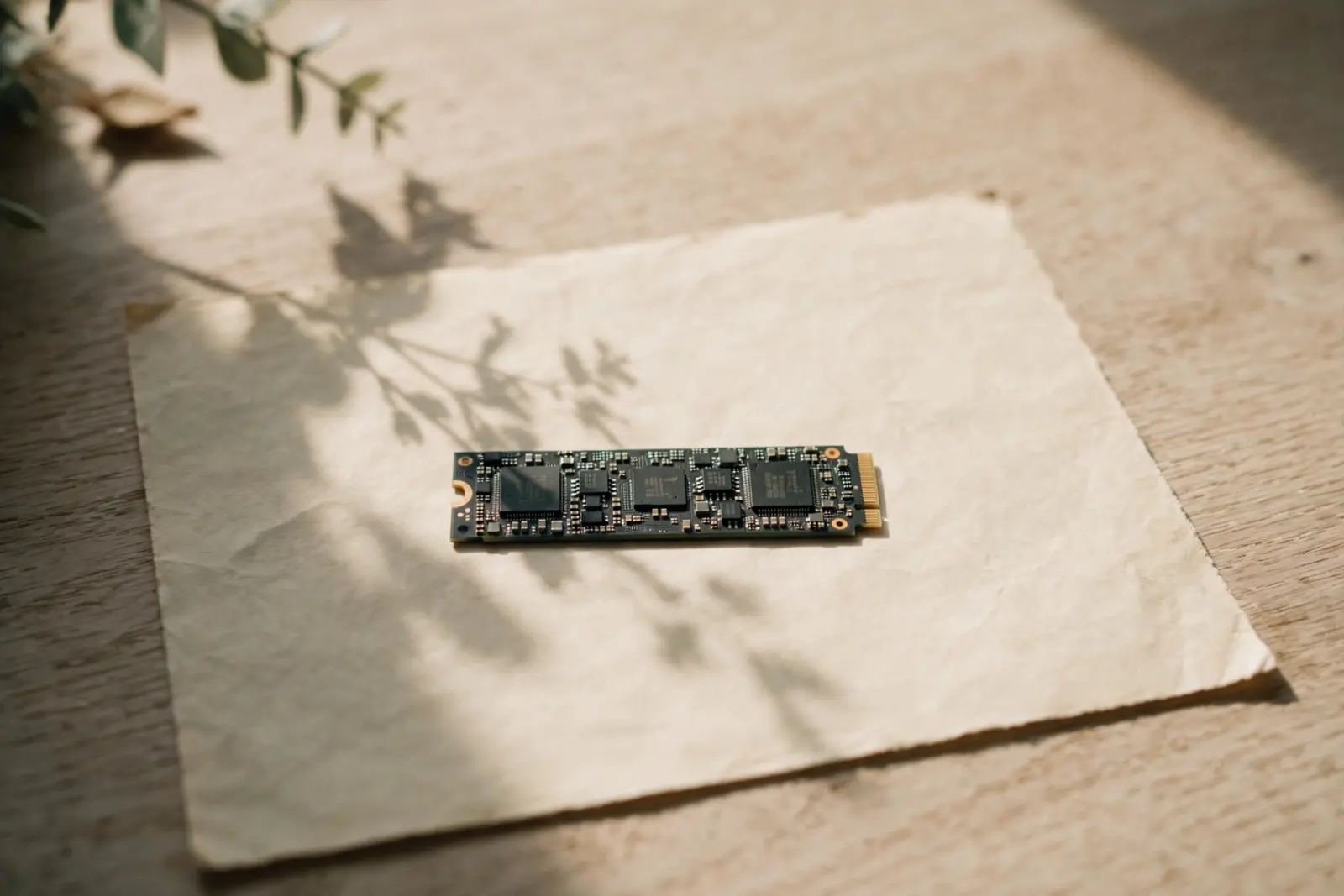 A bare M.2 solid state drive resting on cream paper over pale oak wood, with a soft plant shadow