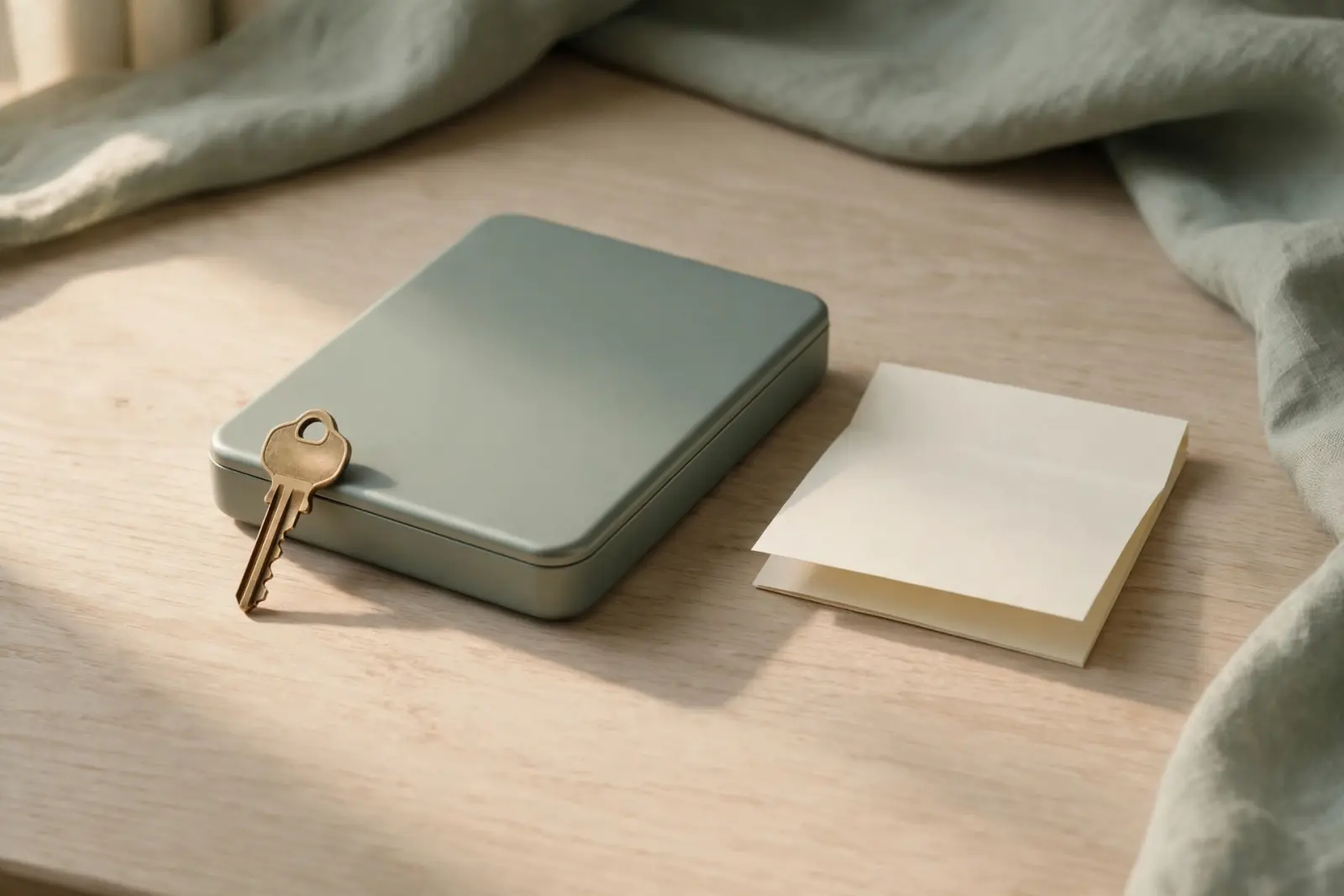 A closed portable drive with a brass key resting against it and a folded blank paper note on pale oak wood