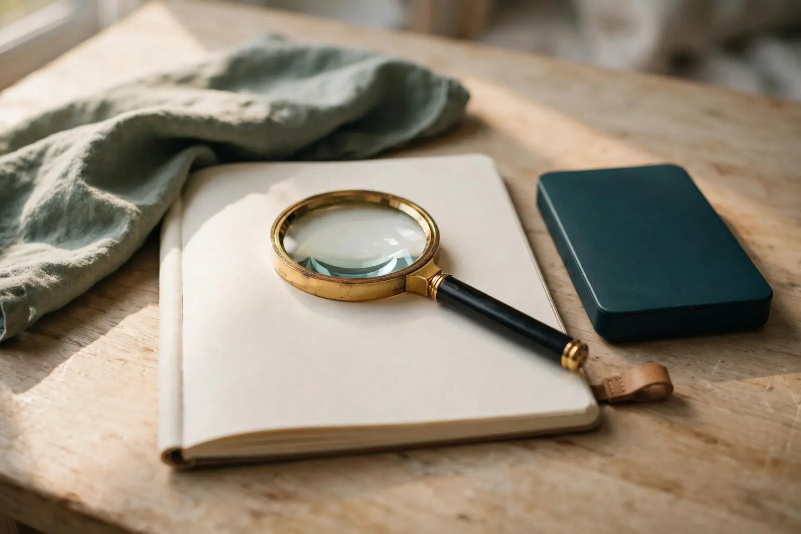 A magnifying glass resting over a blank paper notebook beside a closed external drive on pale oak